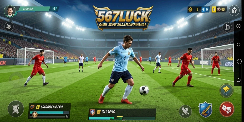 Screenshot utama 567LUCK menampilkan aksi seru di lapangan sepak bola.