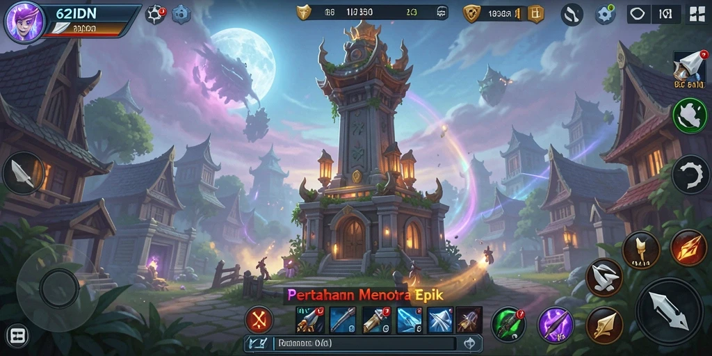 Screenshot gameplay menampilkan pertahanan menara yang kuat di 62IDN.