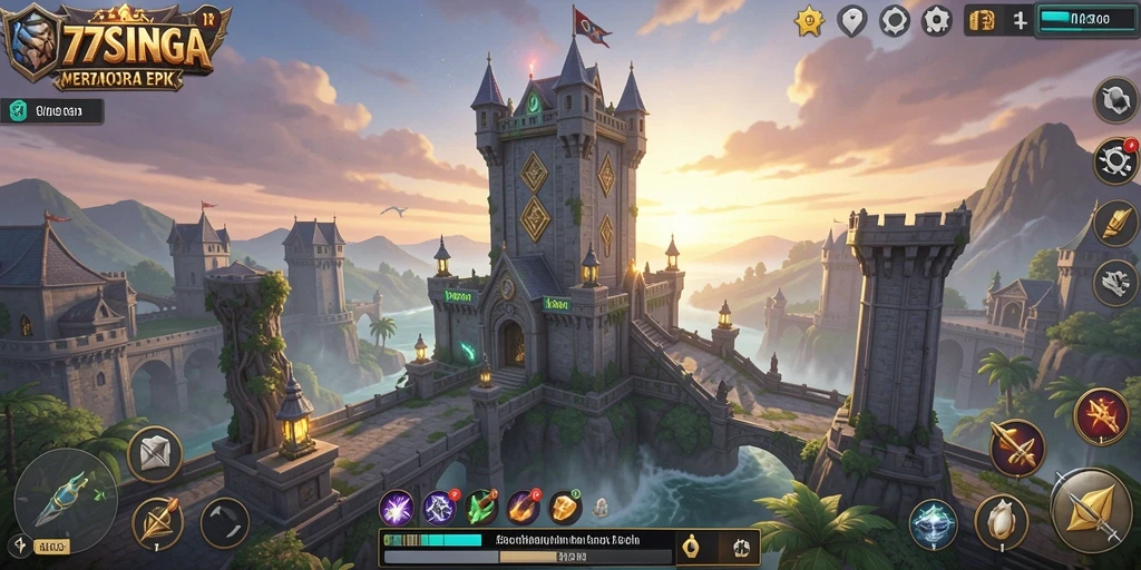 Tampilan gameplay <strong>77SINGA</strong> menunjukkan strategi menempatkan menara untuk mempertahankan gelombang musuh.