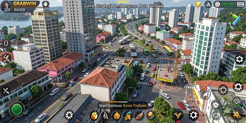 Tampilan gameplay GRABWIN yang memukau dengan strategi pembangunan kota.