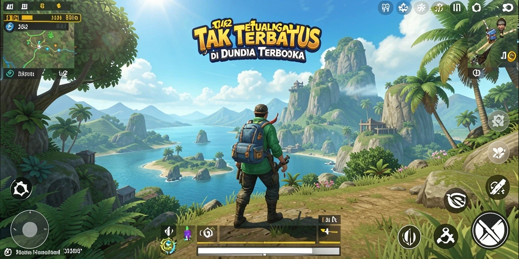 Screenshot gameplay <strong>JJ62</strong> dengan pemandangan menakjubkan dari dunia terbuka.