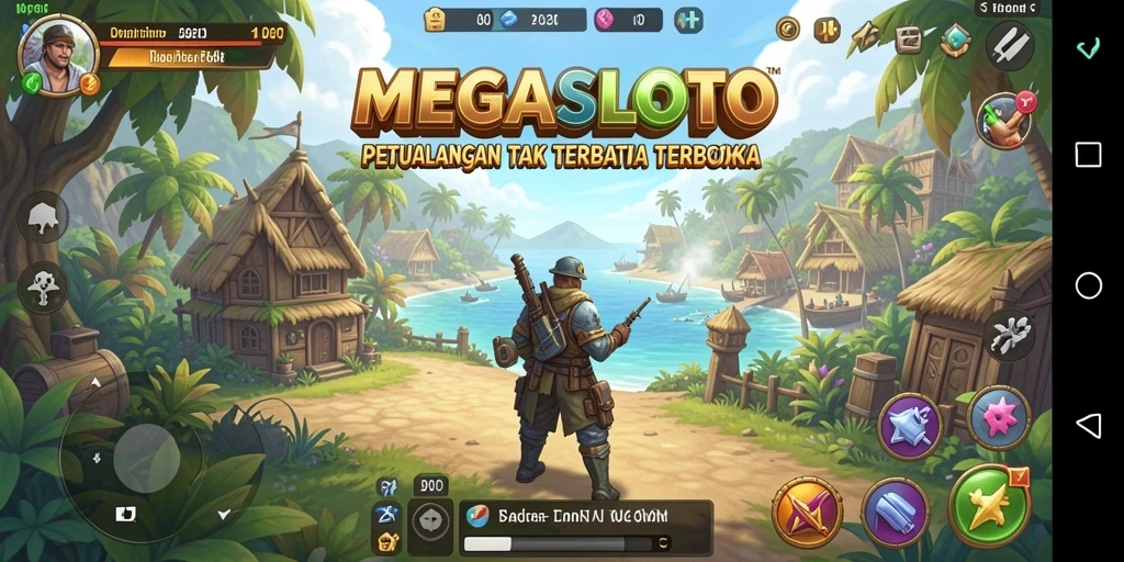 Tangkapan layar permainan MEGASLOTO, menampilkan petualangan di dunia terbuka.