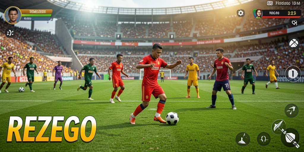 Tangkapan layar aksi pertandingan dalam permainan sepak bola REZEGO.