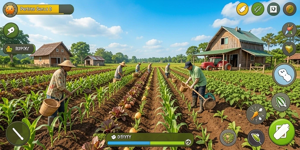 Tampilan gameplay RPYYY yang menampilkan ladang dan hewan peliharaan.